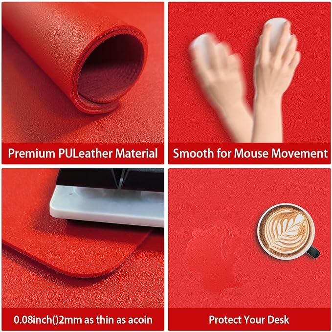 Leather Desk pad Protector, Office Mat, Large Mouse Mat, Non-Slip PU Leather Blotter, Laptop Desk Pad,Waterproof Laptop Computer Desk Keyboard Mat for Office/Work/Home/Decor (red, 11in*8in)