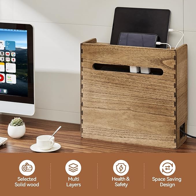 KIRIGEN WiFi Router Storage Box, Wooden Cable Management Box with 3-Tier Shelf, Modem and Power Strip Organizer for Desk, TV Stand, Home Office, Living Room, Brown LYQ-DBR