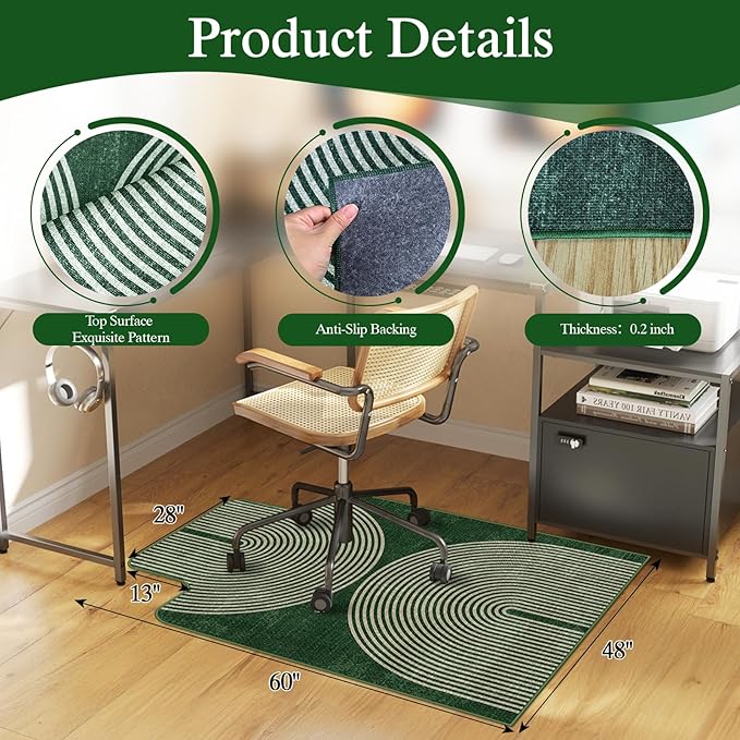 Office Chair Mat for Hardwood Floor & Tile Floor,48"X 60" Heavy Duty Desk Chair Mat for Hard Floors, Under Desk Rug for Rolling Computer Chair,Anti Slip,Low Pile Carpet Protector-Convex Geo Green