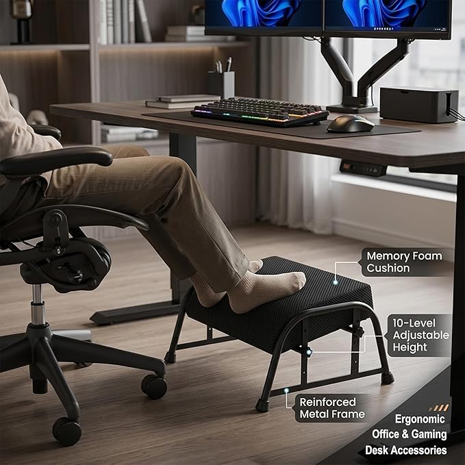 Under Desk Footrest with Memory Foam,Adjustable 10-Level Ergonomic Foot Rest for Office & Gaming Desk for Leg Rest,Reinforced Metal Frame,Non-Slip Base Extra Large（Black with Baseplate