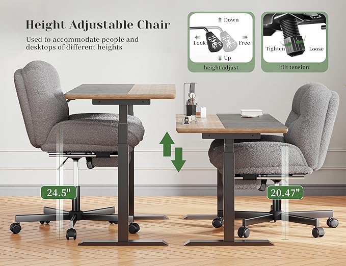DurayLoly Cross Legged Office Chair with Foot Rest, 6.3" Thick Cushioned Criss Cross Chair with Wheels, Height Adjustable Swivel Vanity Chair for All-Day Comfort (Grey)
