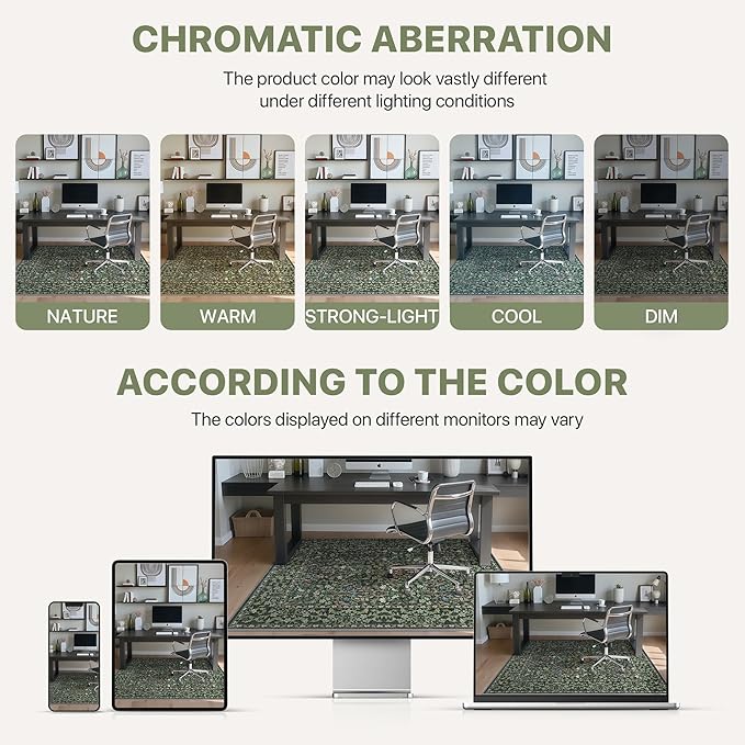 48"x60" Office Chair Mat for Hardwood Tile Floor, Under Desk Carpet Protector for Rolling Computer Chair Mat, Machine Washable Area Rug, Anti-Slip 1/5" Thick Low Pile Thin Vinyl Floor Mat, Moss Green