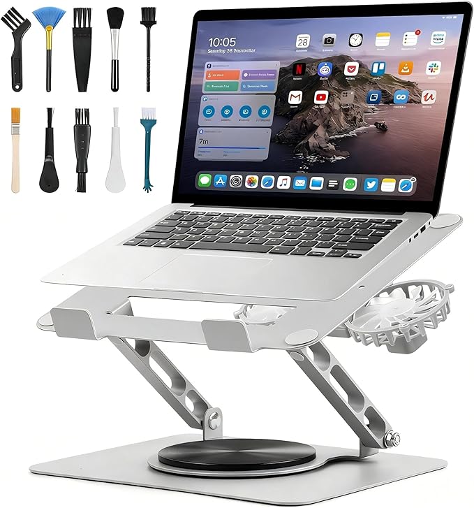 Laptop Cooling Pad with Detachable Fan & Cooler,Adjustable Height & Angle,360 Rotation Base, Ergonomic Carbon Steel Laptop Cooling Pad for MacBook,Dell 10-17.3” Laptop for Tablet(Silver)