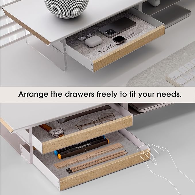 Fenge 42.5” Dual Monitor Stand Riser with 2 Felt-Lined Drawers, Aesthetic Metal and Wood Monitor Shelf with Acrylic Legs, 2-Tier Desk Organizer for 2 Monitors, Laptop, Printer, TV, White