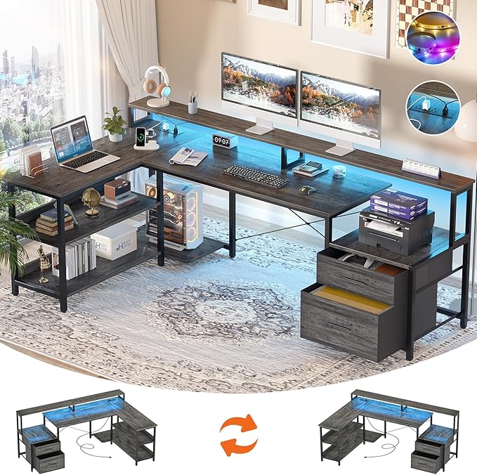 Aheaplus L Shaped Desk with Power Outlet, Reversible L Shaped Computer Desk with File Drawer & Monitor Stand, Gaming Desks with LED Strip, Home Office Desks with Storage Shelf, Grey Oak