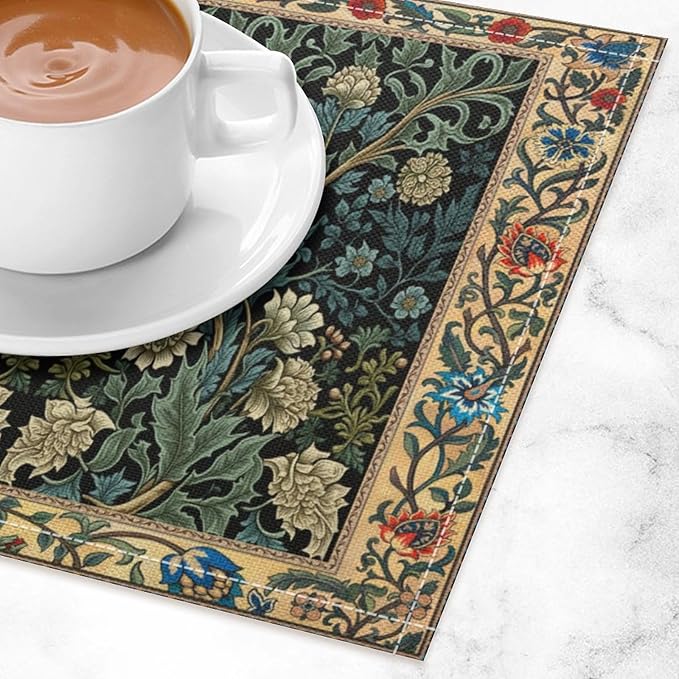 William Morris Floral Placemats Vintage Flower Art Style Boho Chic Retro Floral Linen Washable Table Mats Stain Heat-Resistant Desktop Decor Place Mats for Home Kitchen Dining Party 12x18 in 6 Pcs