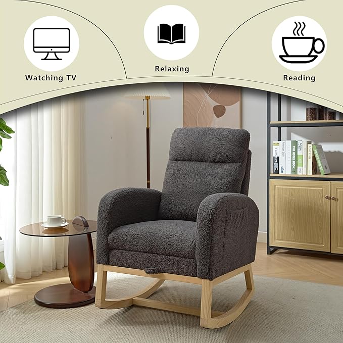 Nursery Rocking Chair with Foot Rest, Teddy Upholstered Nursery Glider Rocker Chair with Solid Wood Legs & 2 Side Pockets Comfy Armchair for Living Room Lounge Bedroom (A-Grey)