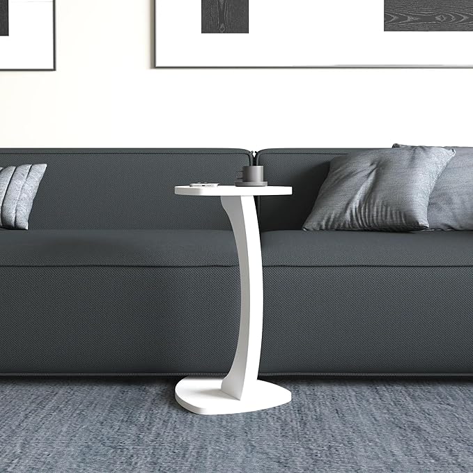 C Shaped Triangular Top Design Table for Couch Small Places, Space Saver Sheild Shape Side Table for Sofa and Bedside with Wheels, Coffee and Eating Snack Time Tray for Living Room, Office (White)