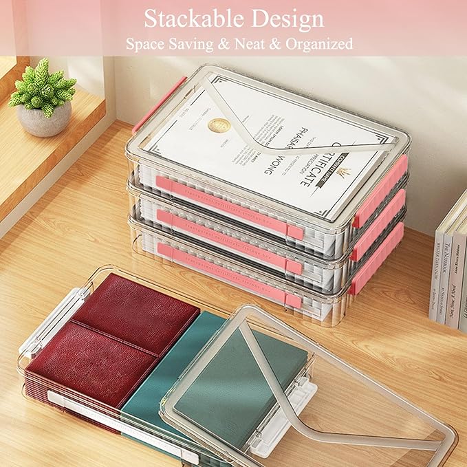 SAYEEC Clear File Storage Box Portable Project Case with Handle Plastic Storage Container with Lid Stackable Flat Storage Bin Document Magazine Protector Organizer for A4 Paper Photo Craft Scrapbook