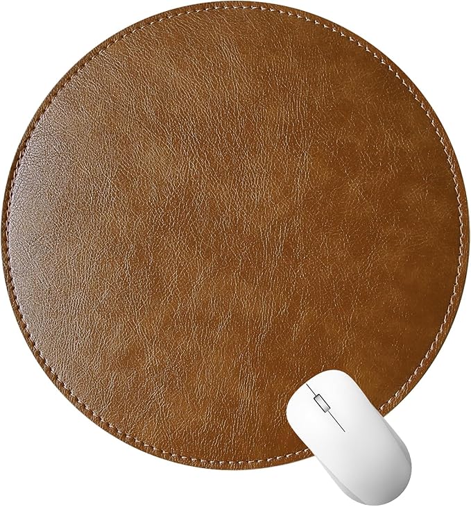 Round Faux Leather Mouse Pad, 7.8 Inch Small Compact PU Leather Circular Desk Mat, Waterproof Non-Slip Smooth Mousepad for Office Laptop, Home Work & Travel (Brown)