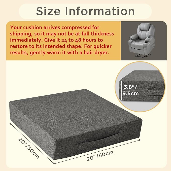 Recliner Cushions for Elderly Square Chair Pads with Non-Slip Bottom for Couch Armchairs Booster Comfy 20"x20"x3.8" Recliner Cushion for Long Sitting with Washable Cover 1 Pack Light Grey
