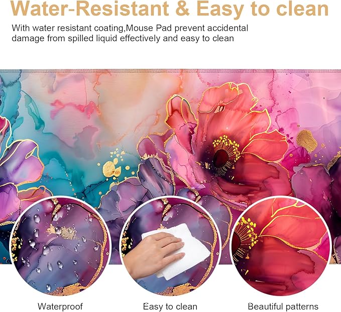 Large Mouse Pad, Floral Ink Desk Mat, Extended Gaming Mouse Pad with Non-Slip Rubber Base, Thick 3mm Smooth Surface Keyboard Mat for Office & Home，35.5 x 15.8 in
