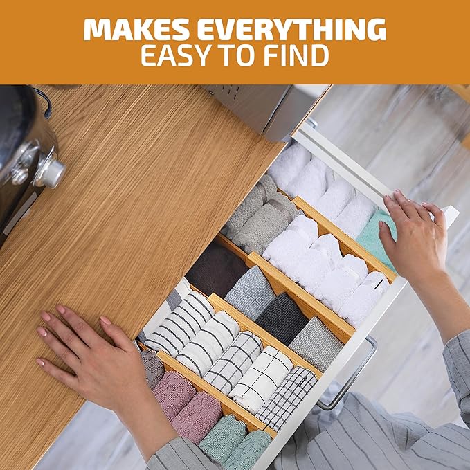 Drawer Dividers - 2.6 Inches High, Adjustable 16 to 22 Inches Bamboo Drawer Organizer, Large Expandable Separator for Clothes, Dresser, Bedroom, Bathroom, Baby, Office, Kitchen Utensils, 4PK, Natural