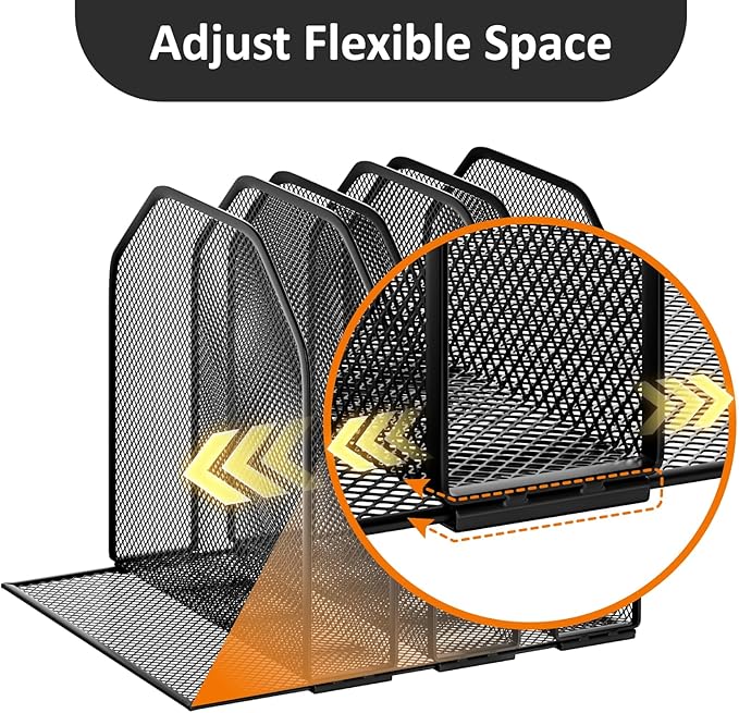 FUCDTEFC Desk File Organizer, Adjustable 5 Sections Upright Desktop Organizer File Sorter, Sturdy Metal Mesh Vertical Bookshelf File Holder Workspace Accessories for Home,School,Office Classroom,Black