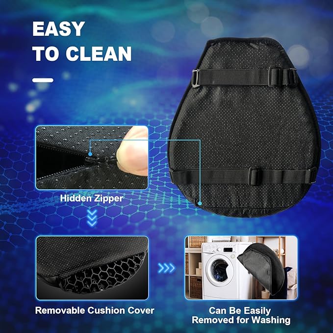 Motorcycle Seat Cushion, 3D Honeycomb Gel Pad, Pressure Relief Shock Absorption, Breathable Non-Slip Universal Cover for Long Ride, Fits Cruiser Street Touring Bike (Four Seasons)