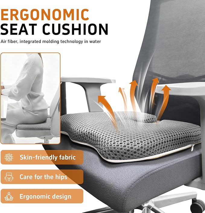 Gooo&Ma Office Chair Cushion - Air Fiber Seat Cushion for Tailbone Pain Relief, Breathable Cooling U-Shape Desk Chair Pad for Car & Gaming, Ergonomic Memory Foam Alternative Washable(Grey)