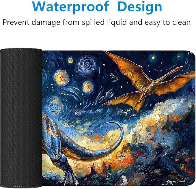 Dinosaur Gaming Mouse Pad Oil Painting Night Sky Dreamy Extended Mousepad Waterproof Stitched Edges Rubber Base Non-Slip Deskmap Computer Keyboard Mat Office Computer Keyboard Laptop 31.5x11.8 Inch