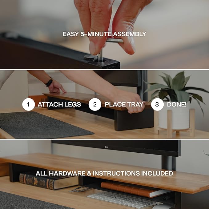 COREMINDED Solid Wood Dual Monitor Stand Riser – 42" Oak Desk Shelf for 2 Monitors with Tray & Wool Felt, Organizer for Desktop, Laptop and Office (Solid Oak)