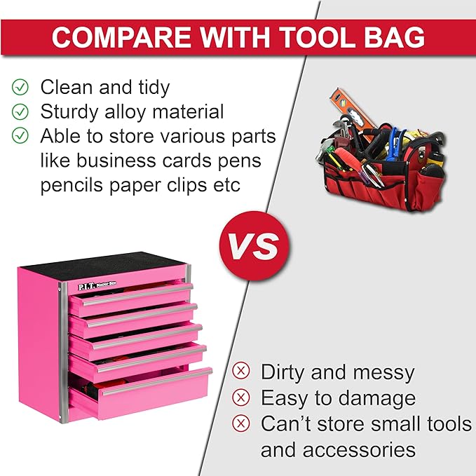 P.I.T. Mini Tool Box 8.6"W X 4.6"D, Portable 5-Drawer Micro Steel Stackable Toolbox with Liner, Pink Cute Tool Case for Small Tools Parts Storage, Home DIY