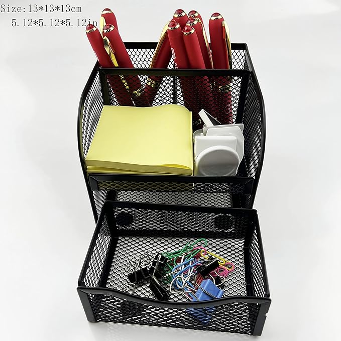 Fengtaiyuan T11, Black Square Metal Wire Mesh Pencil Holder, Pencil Cup, Pen Holder, Desktop Organizer, Office Storage Box (T11)