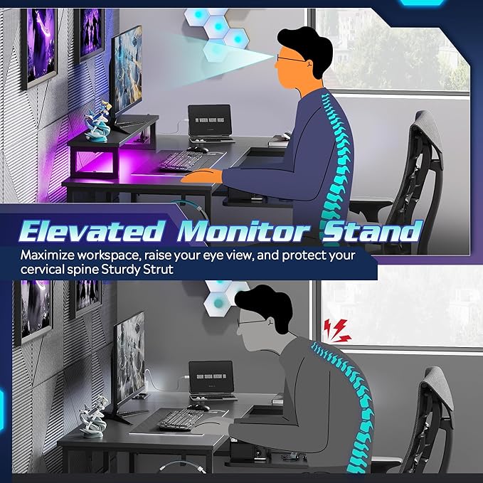 DEVAISE Compact 43" L Shaped Gaming Desk with LED Lights and Power Outlets - Corner Computer Table with Monitor Stand and Storage Shelves for Work and Gaming, Black