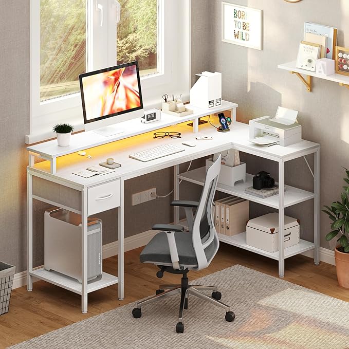 DUMOS 53” Gaming Desk with USB Charging Ports & LED Lights, Reversible L Shaped Desks Computer Corner Gamer Table with Power Outlets Monitor Stand Storage Shelves for Home Office Small Space, White