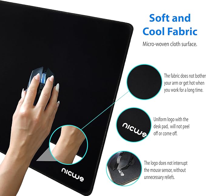 XXL Desk Pad – Large Micro Woven Cloth Mouse Pad with Non‑Slip Rubber Base, Waterproof, Double‑Stitched Edges – 35.4 x 15.75 in (Black)