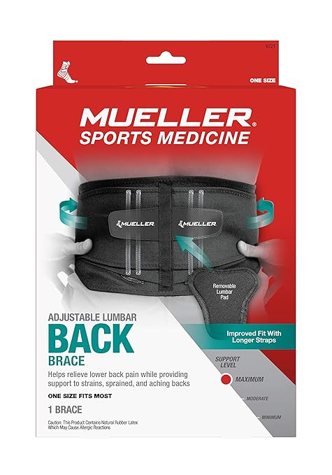 MUELLER Sports Medicine Adjustable Lumbar Back Brace, Lower Back Pain Relief and Support Belt for Men and Women, Black, One Size Fits Most