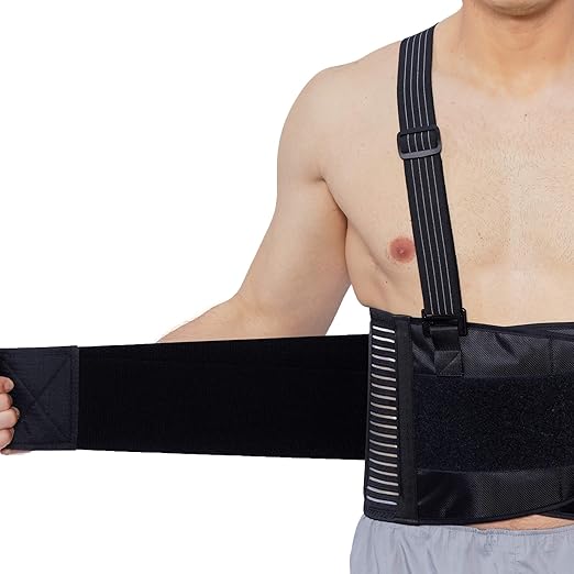 NeoTech Care Back Brace with Suspenders for Work - Industrial Lifting Safety, Elastic Compression, Hook & Loop Closure (Gray, Size XL)