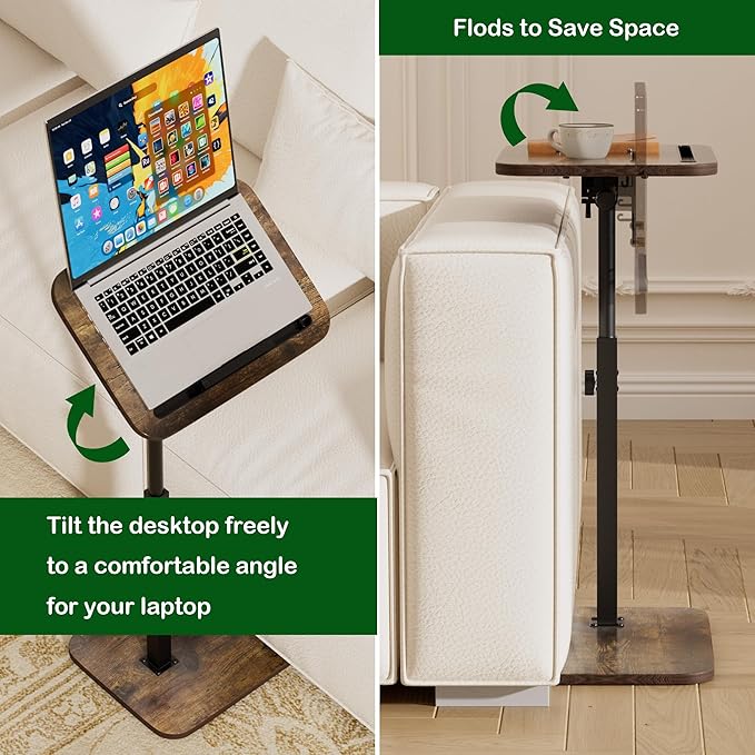 TV Tray Side Table for Couch - 360° Swivel Adjustable Height Rotating Sofa Table C Table End Table Laptop Desk with Phone & Tablet Slot, Perfect for Eating Working Reading, Fits Small Spaces