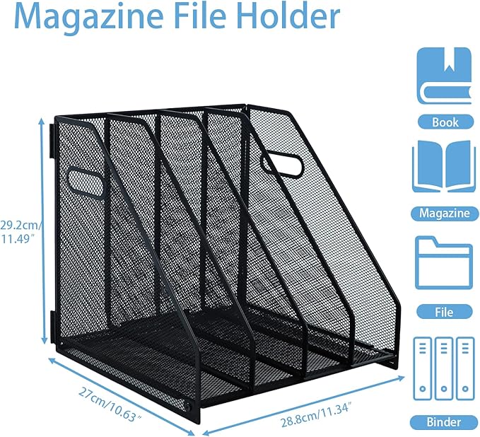 Desk Organizers Metal Magazine File Holder Racks Desktop Folder Storage Binder Organiser Document Organization for Home Office & Classroom,4 Vertical Compartments