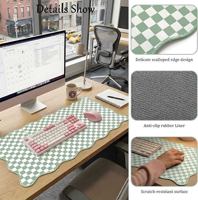 Scalloped Desk Mat Extended Large Cute Mouse Pad Big Desk Pad XXL Aesthetic Plaid Mousepad Checkered Gaming Mouse Pad for Keyboard Computer Laptop Home Office Accessories Girl 35.4X15.7Inches Green