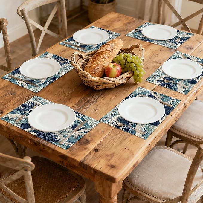Japanese Waves Placemats Set of 6 Linen Table Mats, 12x18 Inch Washable Placemats for Dining Table, Non Slip Heat Resistant Mats for Kitchen Home Decor