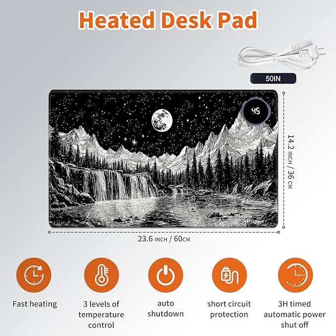 Heated Mouse Pad,Warm Desk Pad with 3 Levels Heating & 3 Hours Auto Shut-Off, PU Leather Heated Desk Pad Warmer Pad for Home Office - 23.6 x 14.2 inch,Moon Mountain Starry Night