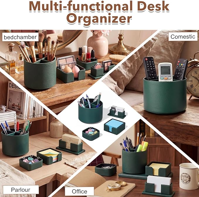 4 Pcs Rotating Leather Pen Holder Organizer Office Desk Accessories Set with Business Card Sticky Note Holder Paperclip Storage Desktop Storage Supply for Teacher Back to School Gift(Green)