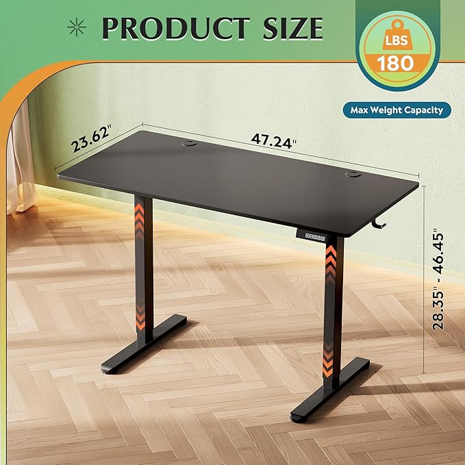 DEVAISE 48 Inch Electric Standing Desk, 3 Adjustable Computer Desk for Home Office, Ergonomic Sit to Stand Desk with LED Touchscreen，Headphone Hook, 3 Memory Preset, with One-Piece Desktop, Black