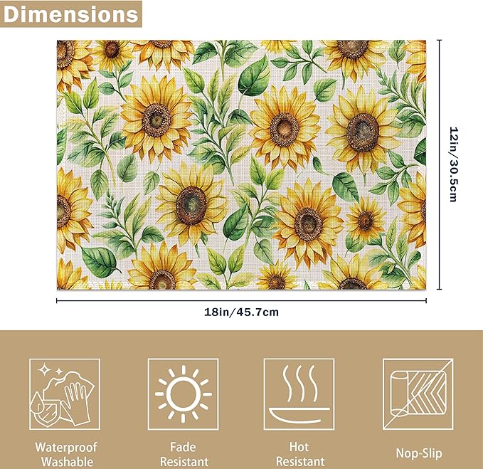 Watercolor Sunflower Linen Placemats Set of 6, Decorative Table Mats 12x18 Inch, Washable Heat Resistant Placemats for Dining Table Kitchen Home Decor