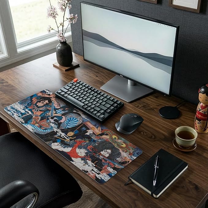 BELLEMOND Japanese Art Desk Mat | Large 31.5x11.8in Anime Mouse Pad for Keyboard & Mouse | Non-Slip Base, Water-Repellent | Original Japanese Design | Dragon Duel