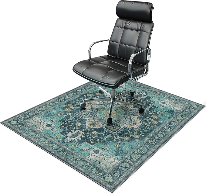 36"x48" Office Chair Mat for Hardwood Tile Floor, Under Desk Carpet Protector for Rolling Computer Chair Mat, Machine Washable Area Rug, Anti-Slip 1/5" Thick Low Pile Thin Vinyl Floor Mat, Turquoise