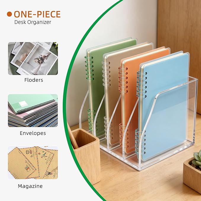 Acrylic Magazine File Holder, 4 Vertical Compartments Desk Document Sorter Organizer, Clear Folder Rack Binder for Office, Tablets, Magazines, Books – Home/Classroom Rack, 5mm Thick
