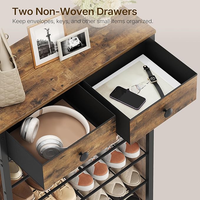 YATINEY 6-Tier Shoe Rack with 2 Non-Woven Drawers, Entryway Shoe Storage with Dust Cover, Metal Shoe Organizer, Space Saving Shoe Cabinet, for Entryway, Closet, Hallway, Rustic Brown and Black SS33BR