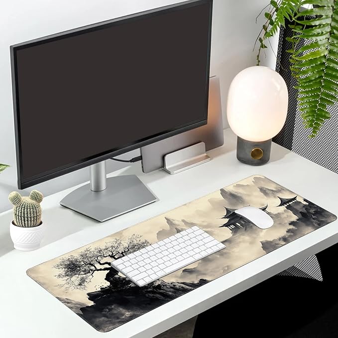 Long Gaming Mouse Pad Extended Anime Large Desk Pad with Non-Slip Base Full Keyboard Mat with Stitched Edges for Gaming and Office 31.5 x 11.8 inches (Black Ink Painting)
