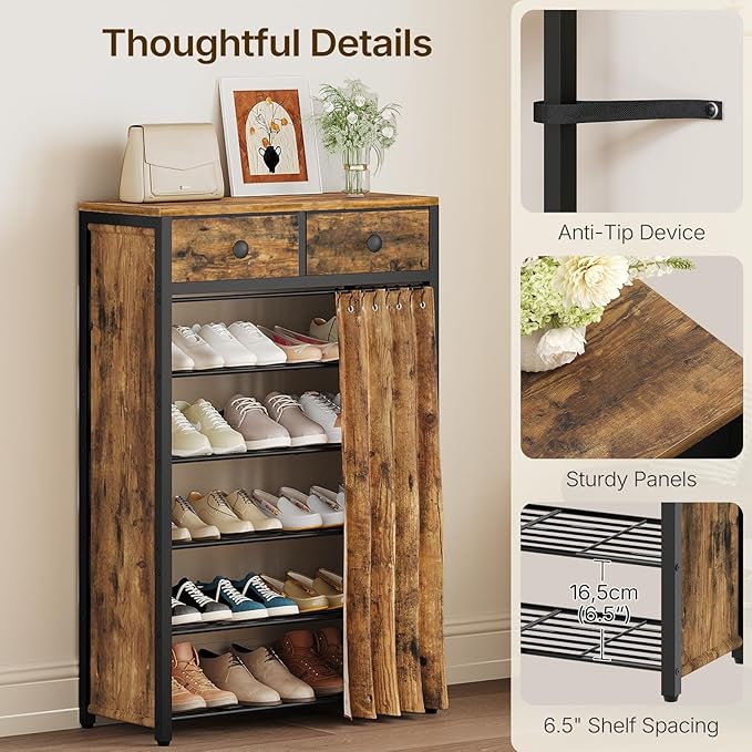 YATINEY 6-Tier Shoe Rack with 2 Non-Woven Drawers, Entryway Shoe Storage with Dust Cover, Metal Shoe Organizer, Space Saving Shoe Cabinet, for Entryway, Closet, Hallway, Rustic Brown and Black SS33BR