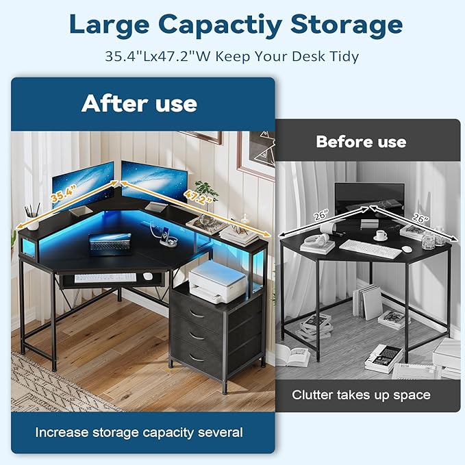 YOMILUVE Small Corner Desk with Drawers, Corner Gaming Desk with Power Outlets & Printer Shelf for Small Space, Triangle Computer Desk with LED Lights, Keyboard Tray and Monitor Stand, Black