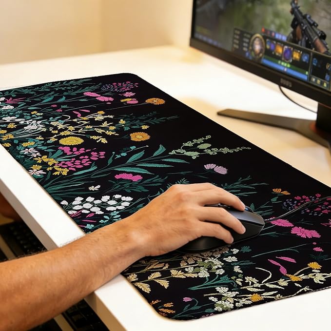 Large Gaming Mouse Pad Floral Meadow Desk Mat,Non-Slip Rubber Base Stitched Edges,Extended Mousepad for PC,Laptop,Office,Home Decor(31.5 x 11.8 Inch)