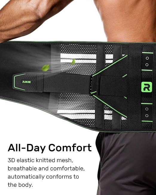 Rakiie Back Brace for Women Men, Integrated Lumbar Support, Breathable Soft Mesh Fabric and 8 Stays All-round Support, Durable Back Support With Lumbar Support Pad for Home & Lifting At Work, Green Size L