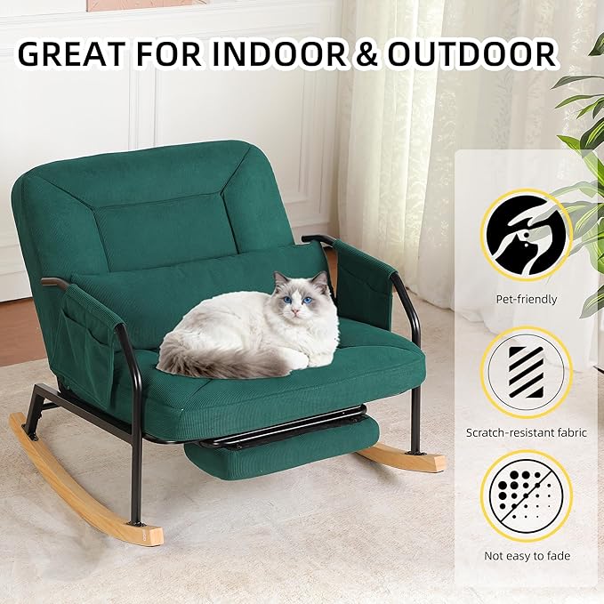 Oversized Reclining Rocking Chair with Foot Rest, 110°–160° Adjustable Backrest, Upholstered Armchair with Side Pocket for Nursery and Living Room, Green