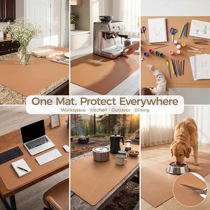 1.6mm Thick Leather 20x60 Inch Non-Slip Mat, Waterproof Countertop Protector, Large Kitchen Island Topper/Craft Worktable Mat, Caramel Brown