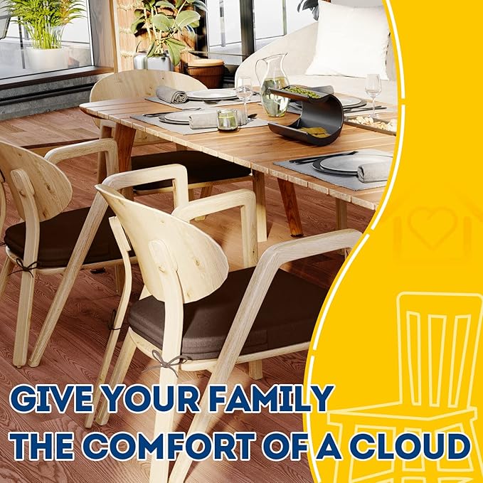 AAAAAcessories D-Shaped Chair Cushions, 2" Thick Dining Chair Pads with Ties and Removable, Machine-Washable Cover, 17" x 16", Set of 2, Brown