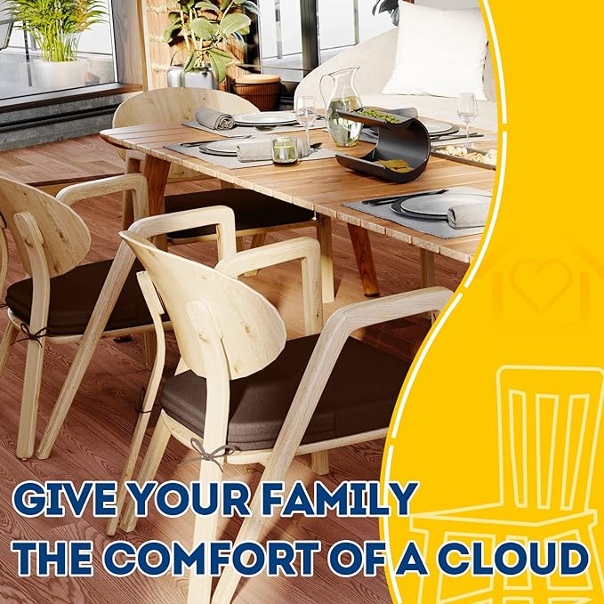 AAAAAcessories D-Shaped Chair Cushions, 2" Thick Dining Chair Pads with Ties and Removable, Machine-Washable Cover, 17" x 16", Set of 8, Brown